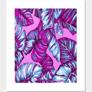 Tropical Leaves Of Banana and Monstera Blue Pink Cut Out Posters and Art